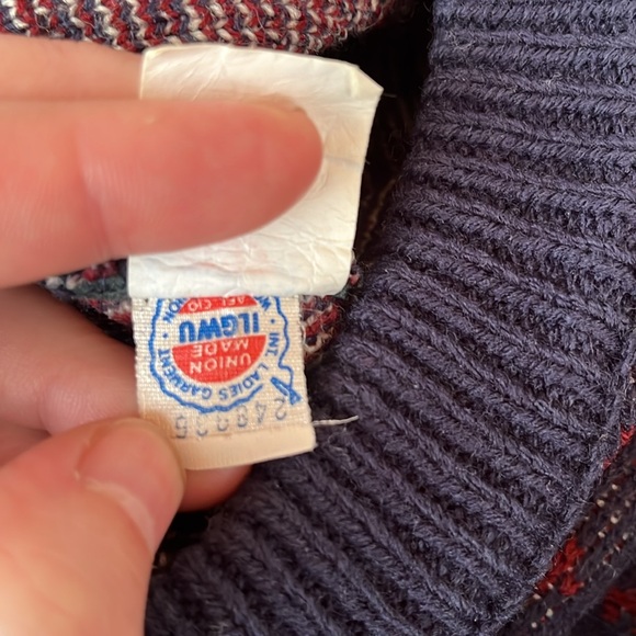 Vintage Mens Crewneck Sweater Snowflake Pattern Ski Knit Navy Blue Maroon Large - Picture 10 of 11